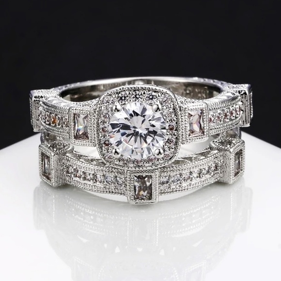 💎NEW💎 18K WHITE GOLD PLATED ART DECO BRIDAL SET - Picture 2 of 8